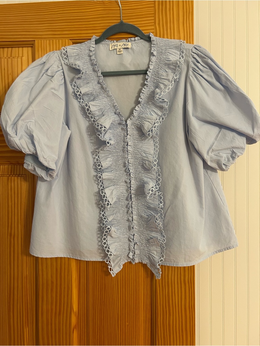 Light Blue Ruffle Front Puff Sleeve Blouse